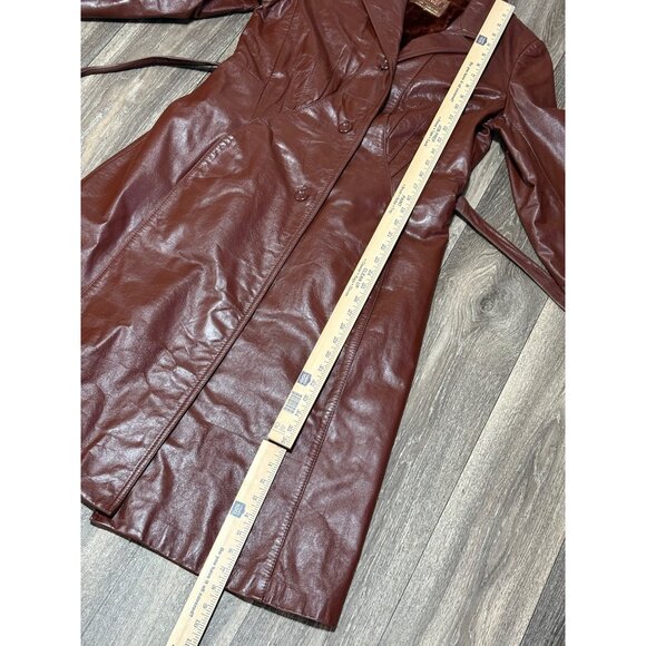 VINTAGE MAXI LEATHER JACKET BEALTED TRENCH COAT BROWN WOMENS SIZE 12 - Picture 7 of 14